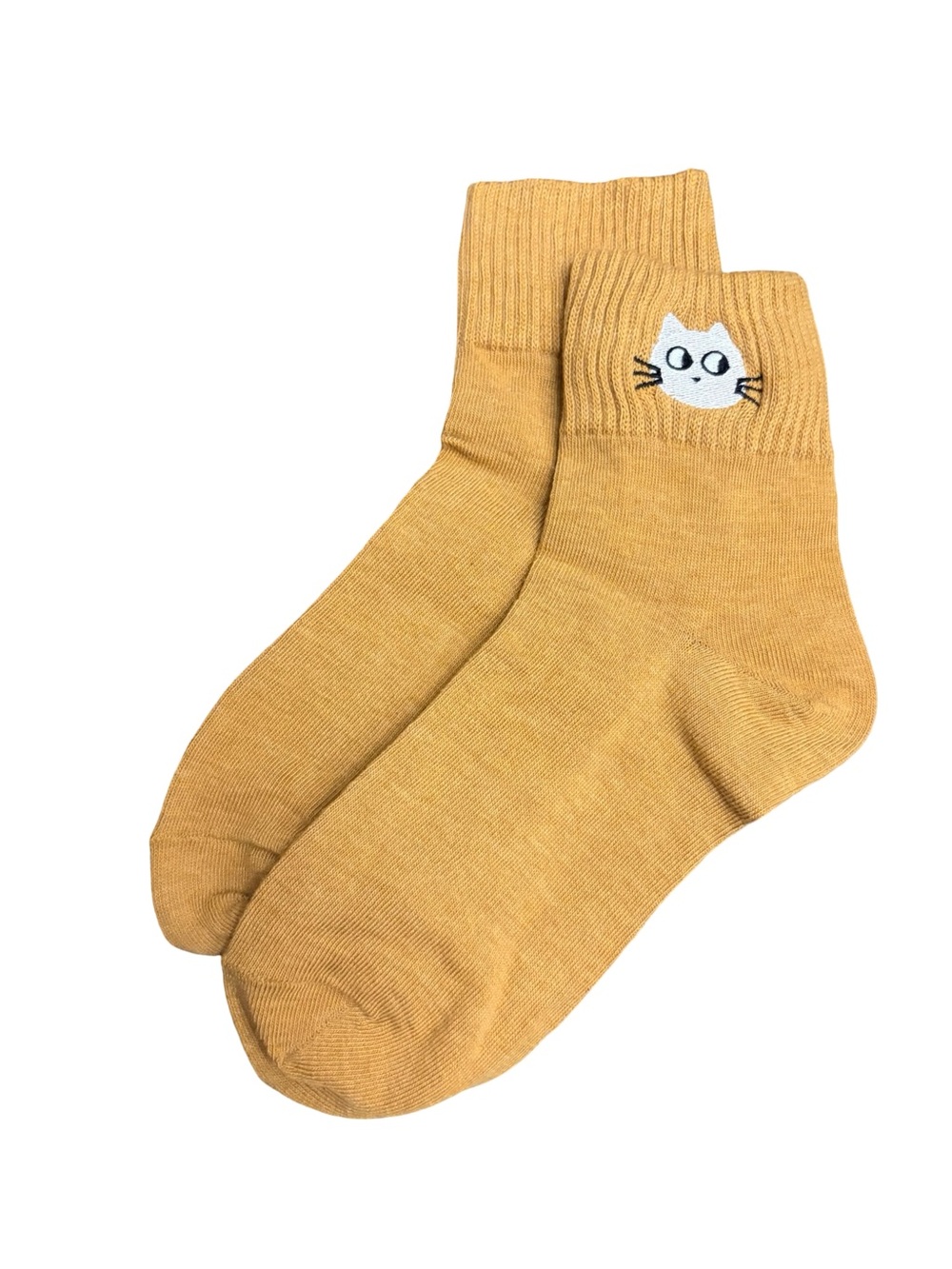 Cute Cat Embroidered Low Crew Socks Mustard Yellow Womens One Size